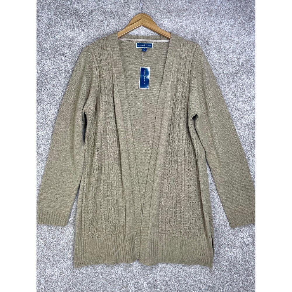 Karen Scott Cable Knit Open Front Cardigan Womens XL Beige Grandmacore Layer NWT